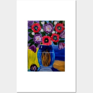 Beautiful flowers set against a colorblock background in a glass vase Posters and Art